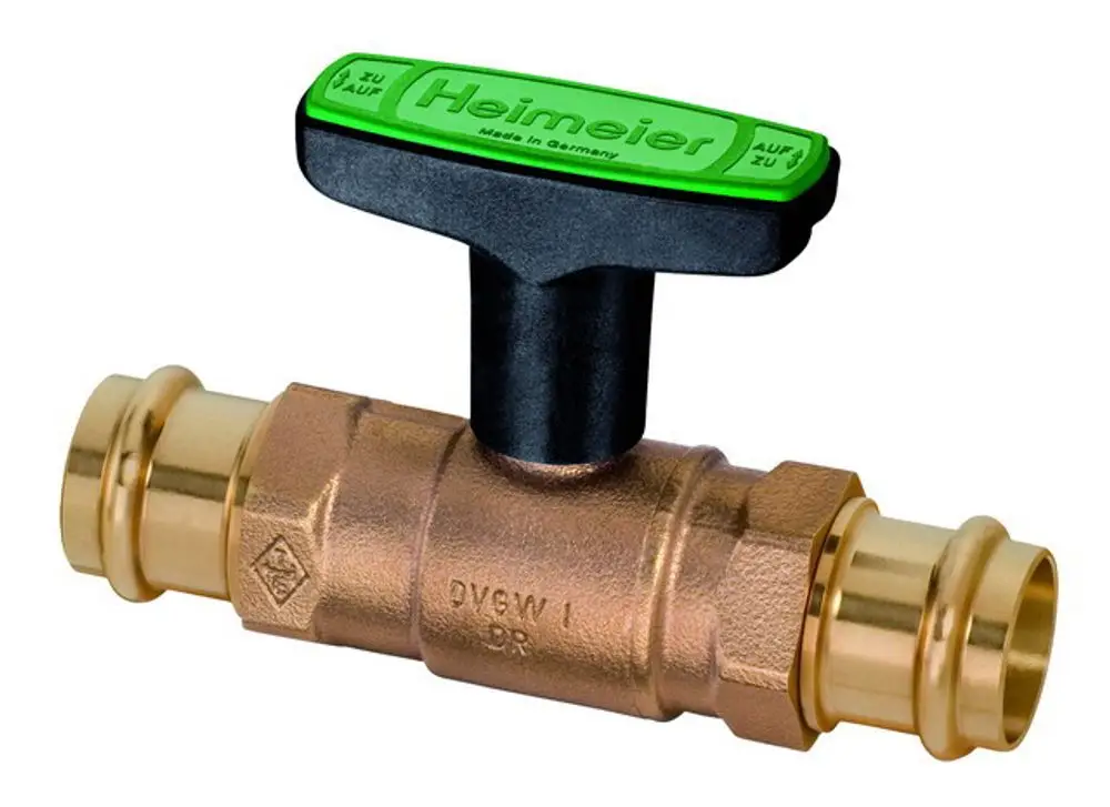 Kugelhahn mit grünem Griff und Pressanschlüssen, aus Rotguss gefertigt. Teil der Produktlinie von IMI Hydronic Engineering.